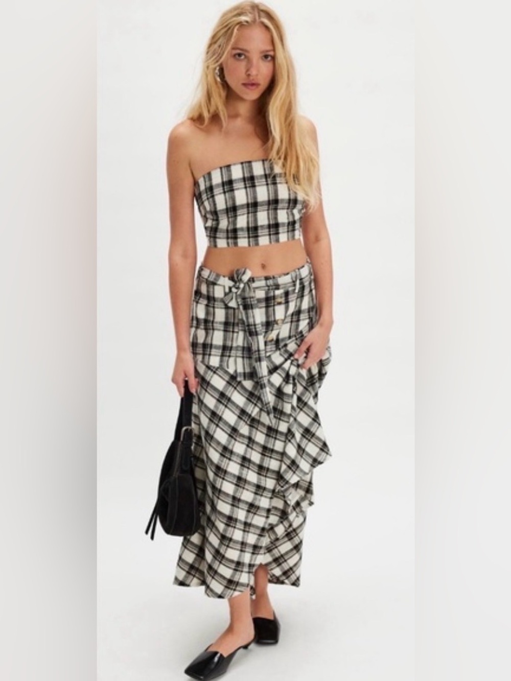 FREE PEOPLE After You Set MAXI SKIRT + TOP Black & White Plaid Boho NWT $168